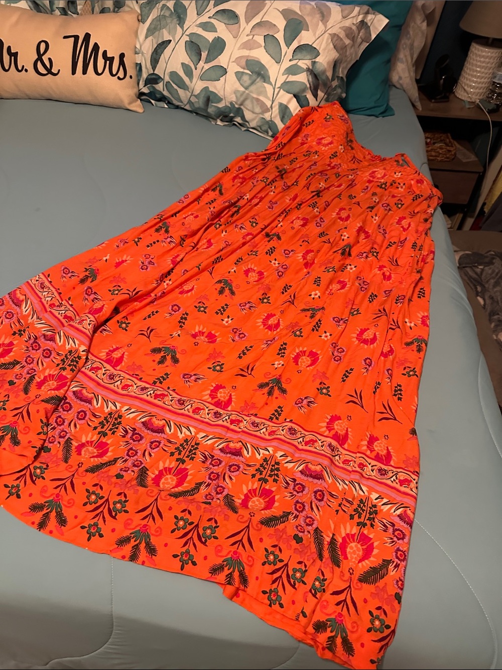 Anthropologie 1X Quilted Floral Maxi Dress Orange Boho